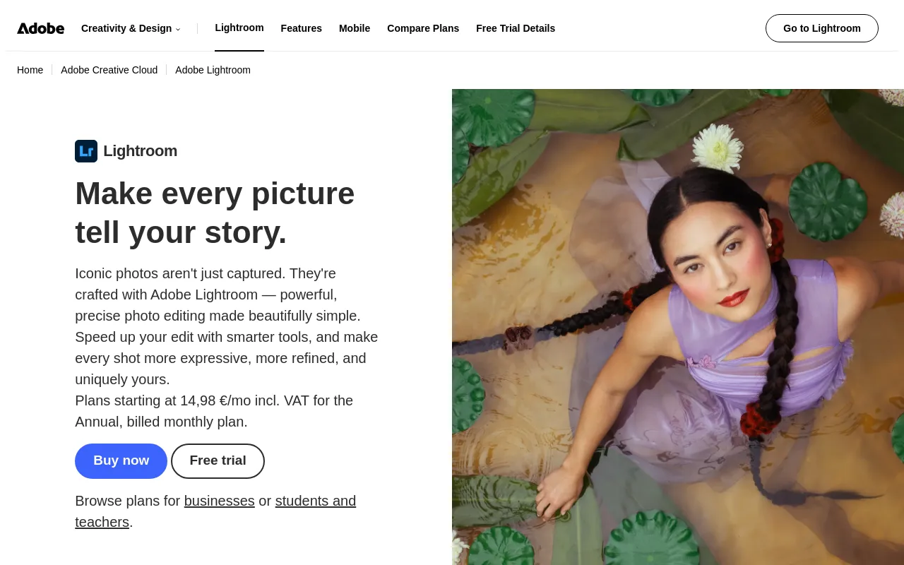 The Adobe Lightroom homepage